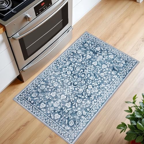 Vintage Entryway Rug 2x3, Blue and White Washable Accent Rug, Non-Slip Small Area Carpet, Floral Print Faux Wool Soft Door Mat for Indoor Entrance, Front Door, Kitchen, Bedside - color: Light Denim Blue and White, size: 2' x 3' (Rectangular)