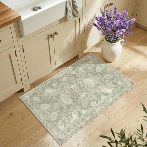 SIRIS 2x3 Small Washable Rug, Symmetrical Botanical Floral Entryway Rug, Vintage Low-Pile Non-Slip Door Mat for Indoor Foyer, High-Traffic Kitchen Sink Laundry Room, Sage Green - color: Siris Sage Green, size: 2' x 3' (Rectangular)