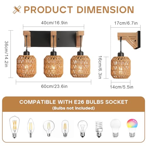 3-Light Bathroom Vanity Light Fixtures, Rustic Style Rattan Bathroom Wall Sconce with Handmade Bamboo Woven Boho Wicker Lampshade, Farmhouse Wooden Bracket, Suit for Stairway Bedroom and Hallway - color: 3-Light