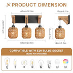 3-Light Bathroom Vanity Light Fixtures, Rustic Style Rattan Bathroom Wall Sconce with Handmade Bamboo Woven Boho Wicker Lampshade, Farmhouse Wooden Bracket, Suit for Stairway Bedroom and Hallway - color: 3-Light