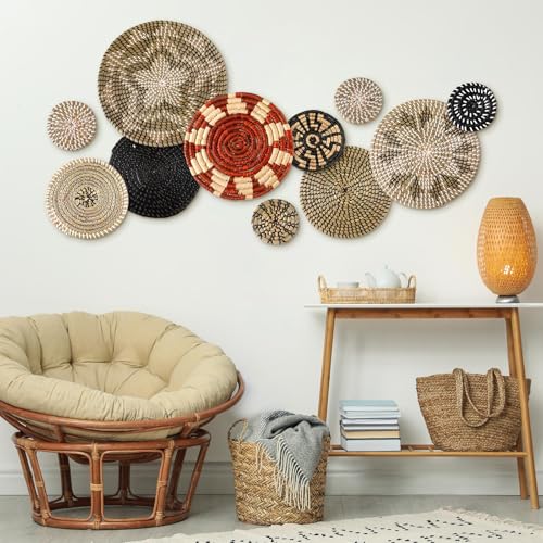 Tatuo 11 Pcs Boho Wall Basket Decor Bulrush Woven Wall Hanging Art Round Farmhouse Rustic Handmade Wicker for Summer Home, Bedroom, Living Room, Kitchen Decorations, Multi Sizes(Dark) - style: Dark