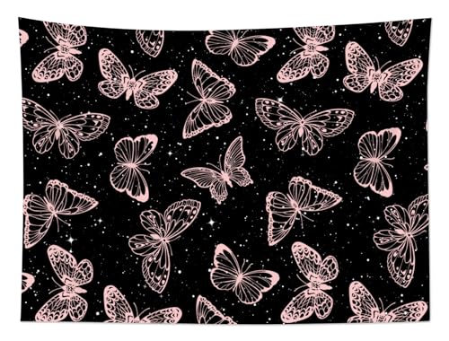 HVEST Pink Butterfly Tapestry Wall Hanging Butterfly on Black and White Galaxy Space Tapestry for Bedroom,Nature Landscape Wall Art for Kids Room Dorm Living Room Wall Decor,40L X 60W inches - color: Black Pink, size: 40"L x 60"W