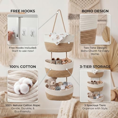 Hanging Wall Basket, Over the Door Hanging Basket with Hooks, 3-Tier Cotton Hanging Basket for Organizing, Decorative Boho Chic Decor for Wall, Bedroom, Living Room, Nursery, Whte & Jute - color: White&Jute