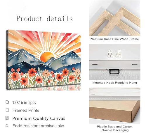Boho Sun Canvas Wall art Mid-Century Modern Abstract Bohemian Sunset in The Mountains Watercolor Wildflowers Sunrise Landscape Picture Wall Decor Poster Print Artwork for Living Room Bedroom - size: 16"L x 12"W