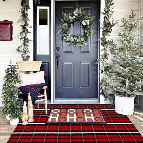 CAINANEL Buffalo Plaid Outdoor Rug Christmas Door Mat Christmas Decor Welcome Rug Cotton Hand-Woven Layered Door Mats for Front Porch, Kitchen, Farmhouse, Entryway (35.4''x59'', Red/Black/White) - color: Red/Black/White Plaid, size: 3' x 5' (Rectangular)