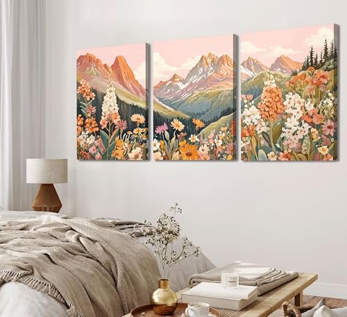 3Pcs Boho Mountain Canvas Wall Art Vintage Wildflower Mountains Poster Prints Abstract Nature Landscape Picture Nature Botanical Paintings Artwork Wall Decor for Living Room Bedroom 16x24in Framed - color: Wildflowers, size: 24"L x 16"W