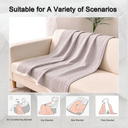 100% Cotton Muslin Blanket 60"x80", Grey Throw Blankets for Couch Bed Sofa Chair, 4-Layer Soft Cozy Quilt Travel Blanket, Farmhouse Decor,All Seasons - color: Grey