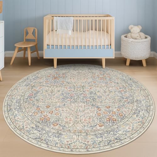 Beige Blue 6ft Round Rug for Living Room - Floral Circle Rug for Bedroom, Kids Room, Home Office, Washable Low Pile Non Slip, Pastel Blue and Green French Country Style Indoor Aesthetic Décor - color: Beige Blue, size: 6' (Round)
