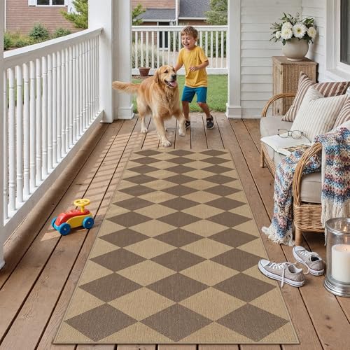 PureCozy 2x8 Checkered Easy Jute Runner Rug Non Slip Hallway Kitchen Washable Outdoor Rug for Entryway Indoor Checkerboard Brown Long Indoor Outdoor Carpet for Bedside Entry Front Door Porch - color: Brown|checkerboard-1, size: 2' x 8' (Runner)