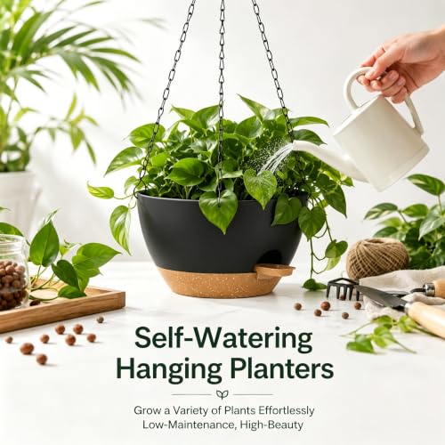 12 Inch Self Watering Hanging Planters 2 Pack, Indoor Outdoor Hanging Pots for Plants with Drainage Holes & Saucers, Black Brown Plastic Hanging Baskets for Kitchen Balcony Garden - color: Black Brown