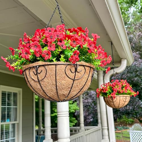 Ammyoo Artificial Faux Hanging Plants Flowers Basket for Spring Outdoor Decoration, Fake Silk Daisy UV Resistant Look Real with Eucalyptus Leaves Summer Outside Decor for Home Patio Garden - color: Red