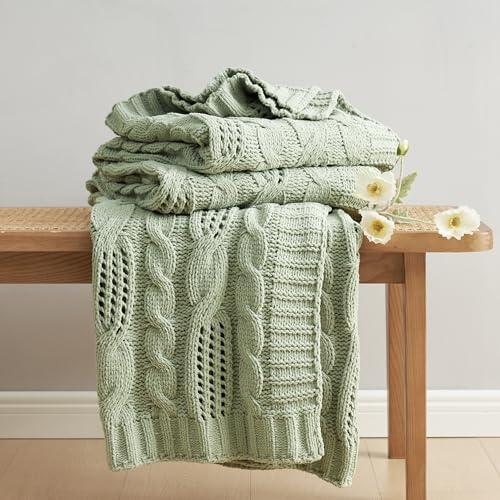 Amélie Home Chunky Knit Chenille Throw Blanket, Dual-Sided Soft Chenille Breathable Cable Knitted Blanket for Couch, Farmhouse Decorative Throw for Sofa & Chair, 60"x80", Sage Green - color: Sage Green, size: Cable Knit 60"x80"