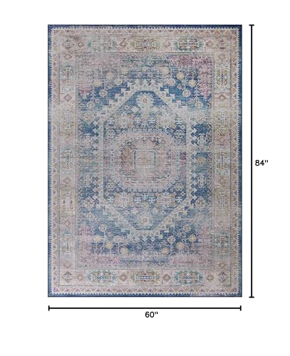 Blue Beige Vintage Faded Distressed Print Style Area Rug/ Carpet