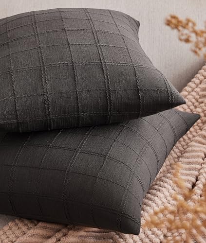 ZeeMart Linen Checked Throw Pillow Covers Set of 2, 24x24 Inch Allover Grid Charcoal, Farmhouse Decorative Double Sided Grid Embroidered Couch Pillow Cases Grey Cotton Linen Cushion Covers - color: Allover Grid Charcoal, size: 24" x 24" (Pack of 2)