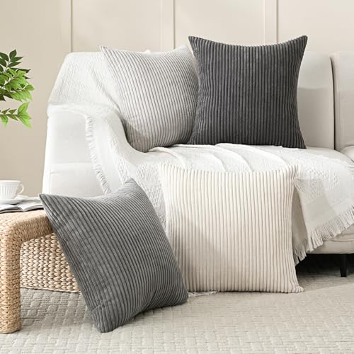 Volcanics Set of 4 Neutral Grey Corduroy Decorative Couch Throw Pillow Covers 20x20 Inch, Western Modern Farmhouse Striped Cushion Cases, Soft Boho Square Accent Pillow Covers for Home Sofa - color: Neutral Grey, size: 20" x 20" (Pack of 4)