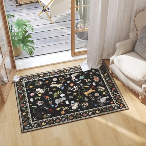 Rugcomf Door Mat Indoor Entrance 2x3 Rug Machine Washable Boho Floral Animal Cat Small Area Rug Non-Slip Low Pile Throw Rugs for Entryway Kitchen Front Door Indoor Entrance Entry Kids Room, Black - color: Black/Cat, size: 2' x 3' (Rectangular)