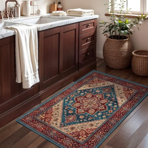 Tangsoo Vintage Small 2x3 Washable Rugs for Entryway Non-Slip Oriental Low Pile Rug for Front Door, Kitchen, Indoor, Accent Throw Small Area Rug, Door Mat for Entrance, Soft Boho Red Rug - color: Red/Blue, size: 2' X 3' (Rectangular)