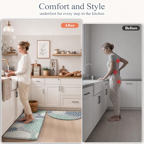 KIMODE Kitchen Mats for Floor Cushioned Anti Fatigue,Floral Farmhouse Kitchen Rugs Sets of 3 Non Slip,Waterproof Kitchen Carpet Runner Decor for Sink Laundry Bathroom,Multi Cyan - color: Multi Cyan, size: 18" x 28"+18" x 47"+18" x 59"-0.47 inches