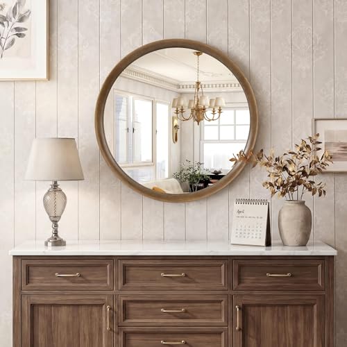 Brakki Round Wall Mirror with Wood Frame, 24 inch Circle Mirror for Bathroom Bedroom Entryway Vanity Living Room, HD Shatterproof Glass, Wall Mounted Decor, Hanging or Leaning, Walnut - size: 24"L x 24"W