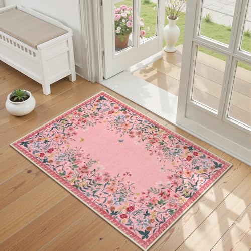 Wonnitar 2x3 Washable Area Rug, Small Pink Kitchen Mat, Boho Floral Bathroom Rug, Non Slip Accent Rug for Bedroom Bedside, Ultra Thin Laundry Door Mat Decor (2x3 Pink) - color: Pink, size: 2' x 3' (Rectangular)