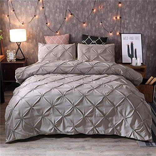 Feelyou Queen Duvet Cover Set Pinch Pleated, Soft Polyester Pintuck Tufted Style Bedding Sets Solid Grey Geometric Quilt Cover with 2 Pillow Shams, Luxurious Comforter Cover Set,3-Pieces - color: Grey, size: Queen