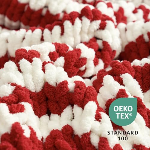 Amélie Home Chunky Knit Throw Blanket for Couch, Soft Chenille Handmade Crochet Throw Rope Knot Blanket for Couch, 50"x60",Red White Stripe - color: Red White Stripe, size: 50"x60"