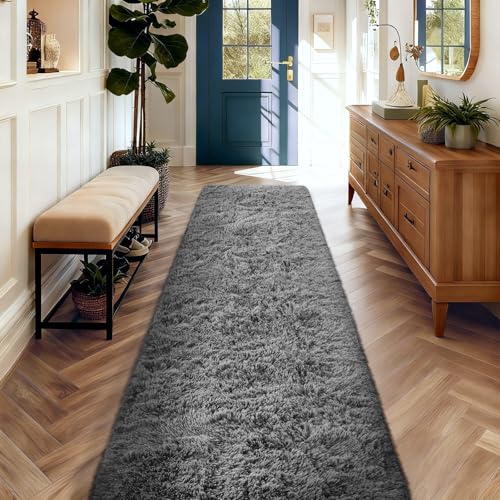 Ophanie 2x10 Runner Rug for Hallway,Upgrade Non-Slip Fluffy Soft Bedside Rugs,Bedroom Living Room Grey Shaggy Gray Carpet for Kids Girls Boys Dorm Nursery Decor Aesthetic with Over 99 pcs Pile fibers - color: 1- Grey, size: 2' x 10' (Rectangular)
