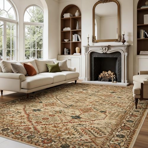 Joydeco 4x6 Area Rugs for Living Room, Non Slip Machine Washable Vintage Rug, Low Pile Chenille Print Rugs for Bedroom, Dining Room, Home Office, Pet & Child Friendly, Tan - color: Tan, size: 4' x 6' (Rectangular)