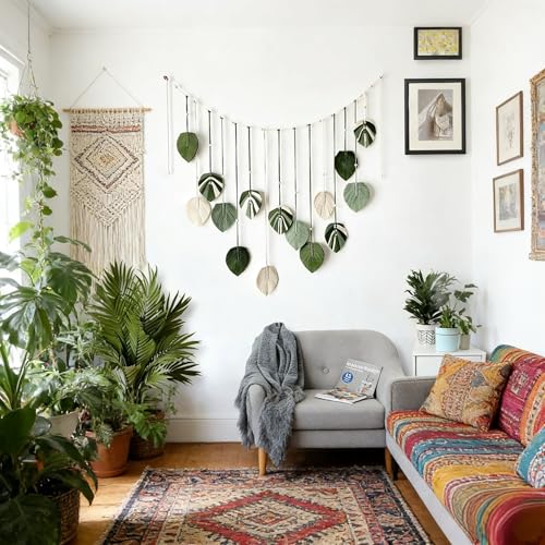 M MANUAL Macrame Leaves Wall Hanging 47.3x29.5Inch Large Chic Feather Boho Macrame Wall Decor Leaf Hanging Photo Display Handmade Woven Wall Art 16pcs Leaf Tapestry - Green - size: Green - 47.3*29.5in