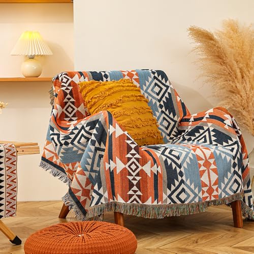 CLOTHKNOW Aztec Boho Throw Blanket (63''x 86'') Southwestern Bed Throws Reversible Blue Brown Blankets for Couch Chair Sofa Home Outdoor Beach Tent Travel Camping - color: Blue Brwon, size: 63''x 86''
