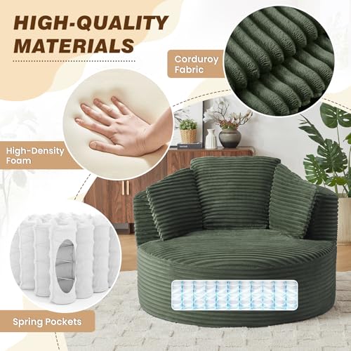 48"W Oversized Round Chaise Longue Chair Indoor,Corduroy Fluffy Comfy Cloud Chair,Circle Bean Bag Sofa with Foam Filling & Pillows,Boneless Reading Cozy Sofa Chairs for Living Room,Bedroom,Green - color: Green
