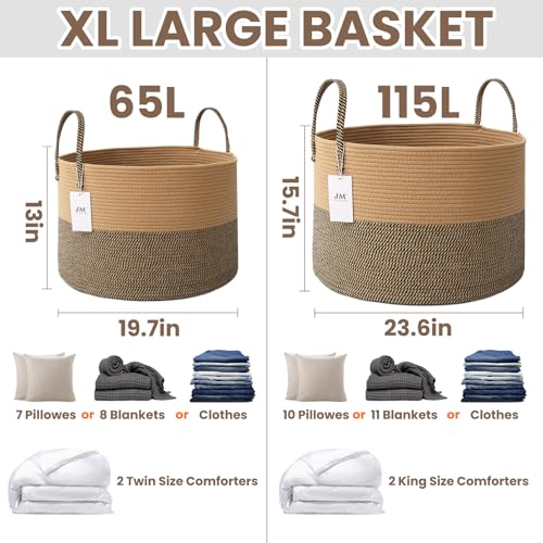 JMvicyroam 115L Extra Large Blanket Basket for Living Room - Woven Cotton Rope Laundry Hamper with Reinforced Handles - Storage Bin for Pillows, Comforters & Toys - Machine Washable,Jute&Black - color: Jute&Black, size: 115L