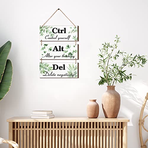 Qunclay 3 Pcs Office Wall Decor Green Leaves Wood Rustic Hanging Cubicle Decor Summer Inspirational Ctrl Alt Del Sign Decoration for Bathroom Indoor Home Living Room - color: Green, style: Leaves