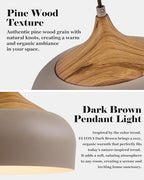 ELYONA 12 Inch Japandi Pendant Light, Farmhouse Pendant Light Fixture with Faux Pine Wood Grain Metal Shade, Adjustable Hanging Light for Kitchen Island Dining Room Bedroom Sloped Ceiling, Dark Brown - color: Dark Brown