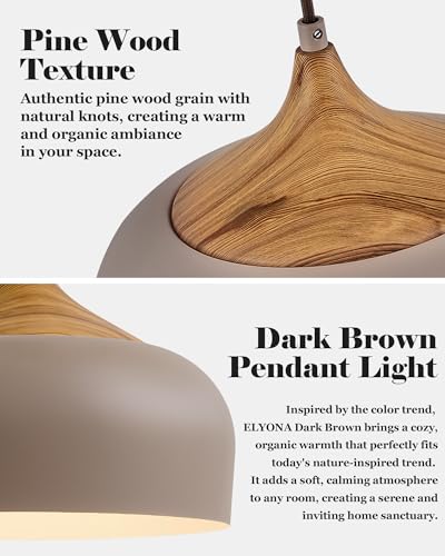 ELYONA 12 Inch Japandi Pendant Light, Farmhouse Pendant Light Fixture with Faux Pine Wood Grain Metal Shade, Adjustable Hanging Light for Kitchen Island Dining Room Bedroom Sloped Ceiling, Dark Brown - color: Dark Brown