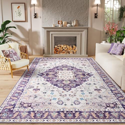 Amearea Vintage Design Area Rugs for Living Room, 4x6 Machine Washable Floral Collection Traditional Bedroom Rug, Low Pile Cute Kids Room Print Carpet, No Slip Office Kitchen Home Decor, Purple - color: Purple, size: 4' X 6' (Rectangular)