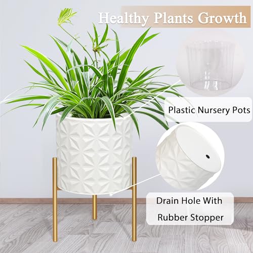 ARNIS Plant Pots with Stand, Set of 2 Indoor Planter Pots, Large Metal Planters with Stand, Mid Century Decorative Flower Pots with Drainage Hole and Gold Plant Stand, 8.25" & 10.5",Matte White - color: Frosted White, size: 8.25 &10.5