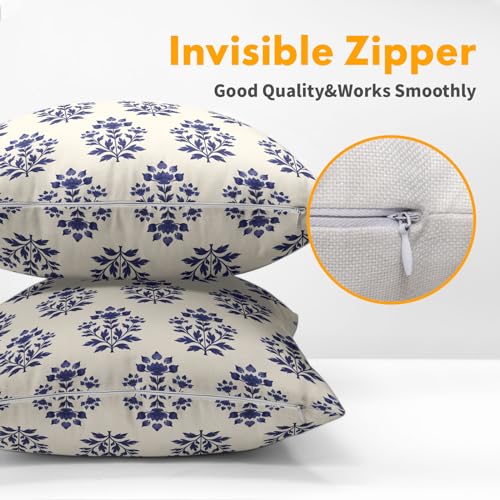 Blue Flower Pillow Covers 16x16 Inches Block Print Blue Vintage Farmhouse Boho Floral Throw Pillow Case Set of 2 Pillow Cover Cotton Linen Cushion Cover for Home Couch Sofa Bedroom Livingroom - color: Blue Flower240413, size: 16" x 16" (Pack of 2)