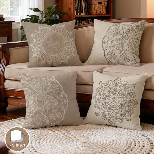 OBSEDE Taupe Boho Mandala Decorative Throw Pillow Covers 18x18 Set of 4 Faux Linen Cushion Cases Single-Sided Print Earth Tone Accent Pillows for Living Room Couch - color: Taupe Boho Mandala