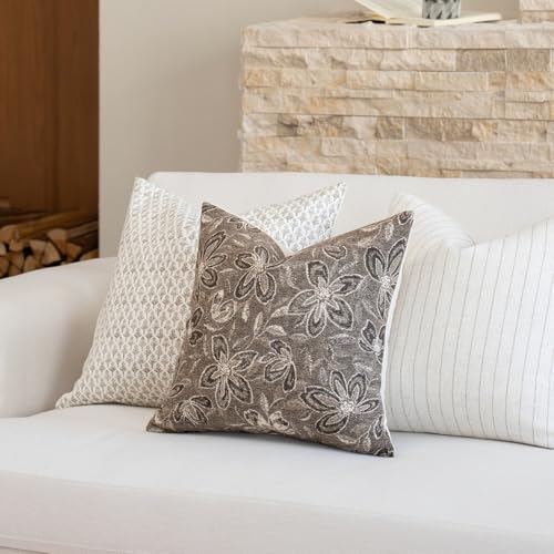 FIOUOVO Floral Throw Pillow Covers 18x18 Set of 2 Farmhouse Pillow Covers Vintage Neutral Accent Pillowcases Decorative Cushion Covers for Sofa Couch Living Room Bedroom Home Decor, Taupe - color: Taupe, size: 18" x 18" (Pack of 2)