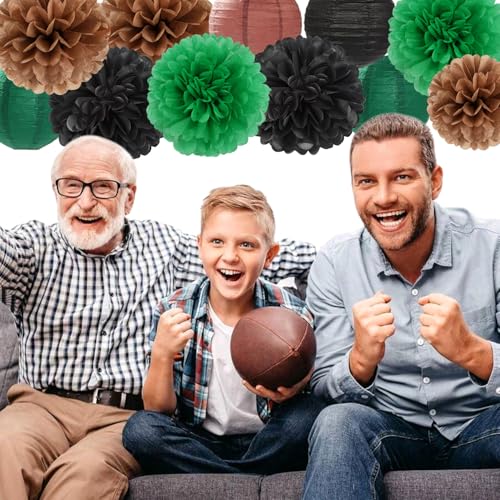 Football Party-Decorations Paper-Flowers - 15pcs Green Brown Black Tissue Pom Poms Lanterns Streamers,Birthday Baby Shower Bachelorette Hanging Supplies Decor Hugfond - color: Brown Green Black