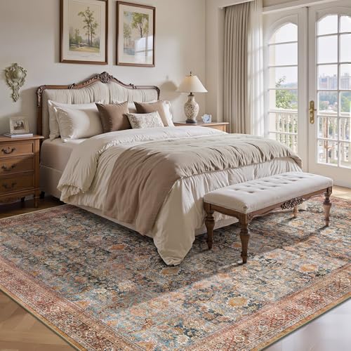8x10 Area Rugs for Living Room - Washable Vintage Retro Large Rug, Soft Ultra Thin Non Slip Low Pile Traditional Distressed Boho Carpet for Bedroom Dining Room Home Office, Rust Clay - color: A-rust Clay, size: 8x10