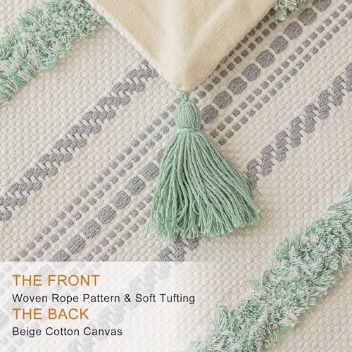 Boho Throw Pillow Covers 18x18 Set of 2 Woven Tufted Farmhouse Pillows Cover with Tassels Textured Striped Cushion Case Neutral Pillow Cases Decorative Pillowcase for Sofa, Couch, Bed, Light Green - color: Light Green, size: 18" x 18" (Pack of 2)