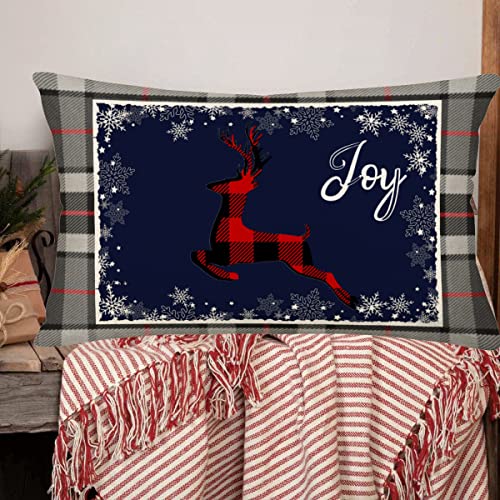 Farmhouse Christmas Red Black Buffalo Plaids Deer Pillow Covers 12x20 Inch Winter Snowflake Joy Holiday Throw Waist Pillow Cases Cotton Linen Seasonal Xmas Cushion Cover - color: Joy Deer Xmas
