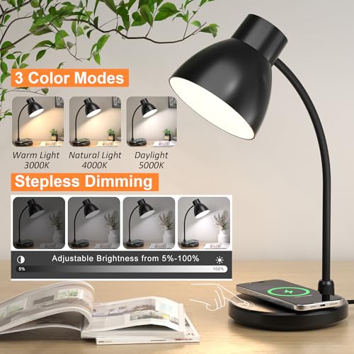 Desk Lamps for Home Office - LED Desk Lamp with Wireless Charger, 3 Color Modes Dimmable Eye-Caring Study Reading Desk Light, Small Flexible Arm Table Lamp for College Dorm Room Bedside, Black - color: Black