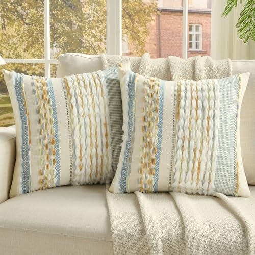 FUTEI Pack of 2 Boho Chenille Decorative Throw Pillow Covers 18x18 Inch Soft Plush Tufted Striped Textured Cushion Case,Farmhouse Accent for Couch Bed Living Room, Grey Blue Mustard - color: Grey Blue+light Green+mustard Yellow, size: 18" x 18" (Pack of 2