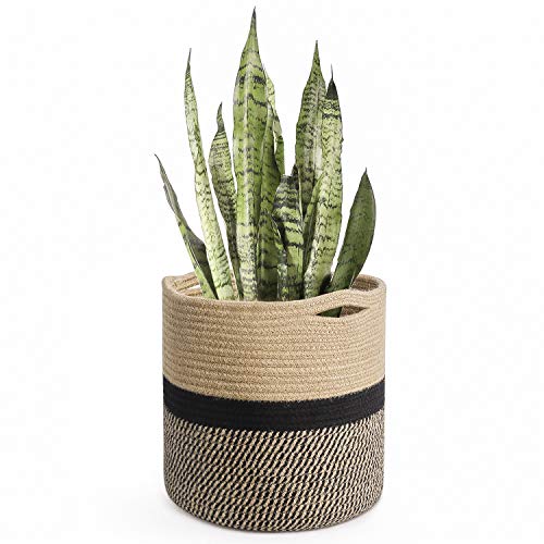 TIMEYARD Sturdy Jute Rope Plant Basket Modern Woven Baskets for 10" Flower Pot Floor Indoor Planters, 11” x 11” Storage Organizer Basket Rustic Home Decor, Black and Beige Stripes - color: Black and Jute, size: 11" x 11"