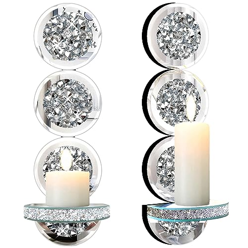 ZOLAPI Set of 2 Crystal Crush Diamond Candle Sconces, Gorgeous Silver Mirrored Wall Sconce, Round Candle Holder Glass Wall Decorations for Home Décor, Living Room, Dining Room. - color: Silver Mirror 0