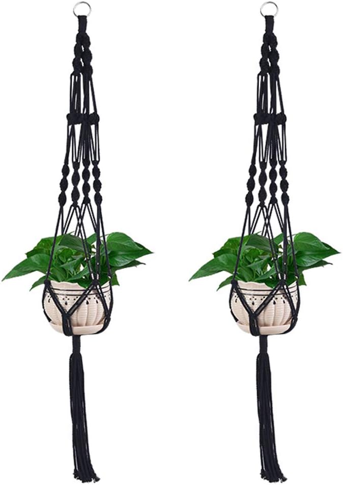 Vpang 2 Pack Colorful Cotton Macrame Plant Hanger, Outdoor Indoor Hanging Planter Basket Flower Pot Holder Boho Home Decor 40 Inch (Black)