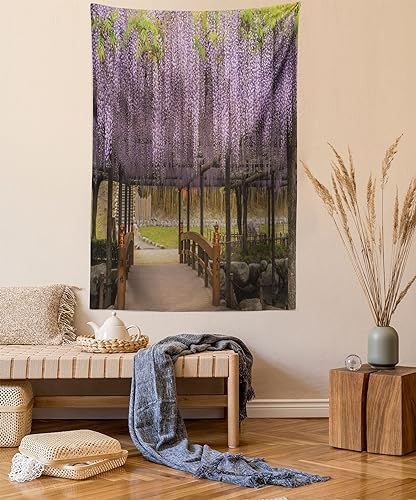 Ambesonne Japanese Tapestry, Lilac Flowers Hanging Down from Terrace Top to Bottom Field Paradise Scenery, Wall Hanging for Bedroom Living Room Dorm Decor, 40" X 60", Purple Brown - color: Purple Brown, size: 60"L x 40"W